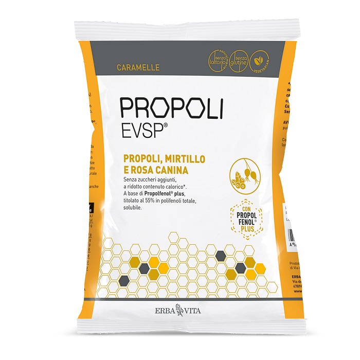 PROPOLI EVSP CARAMELLE PROPOLI MIRTILLO ROSA CANINA 65 G - Farmastop