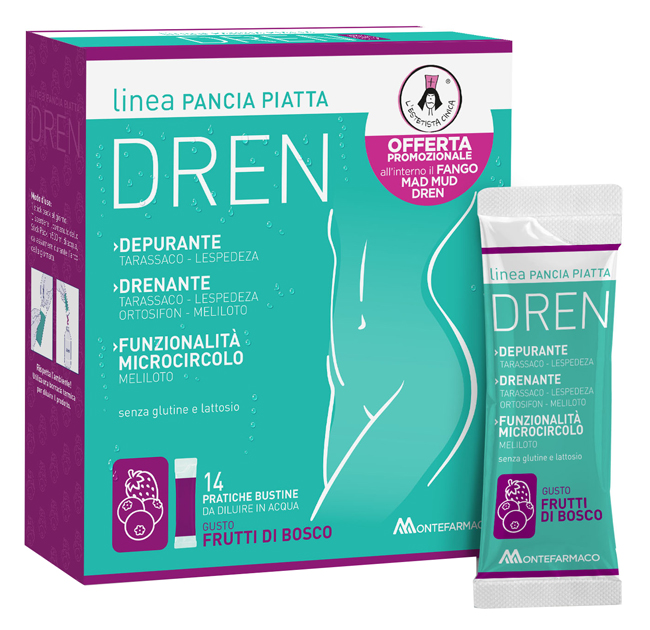 PANCIA PIATTA DREN FRUTTI DI BOSCO 14 BUSTINE STICK PACK + FANGO ATTIVO CELLULITE 100 ML OMAGGIO - Farmastop
