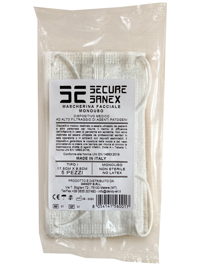 DANDY SANEX MASCHERINA CHIRURGICA MONOUSO 5 PEZZI - Farmastop