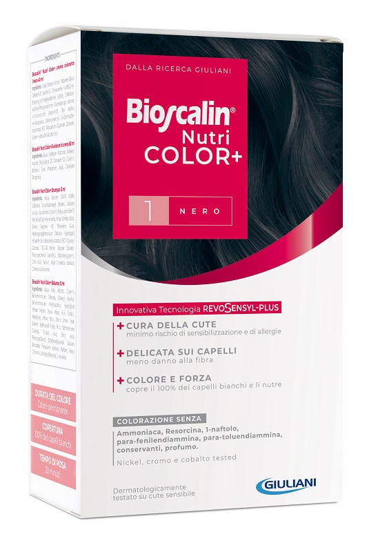BIOSCALIN NUTRICOLOR PLUS 1 NERO CREMA COLORANTE 40 ML + RIVELATORE CREMA 60 ML + SHAMPOO 12 ML + TRATTAMENTO FINALE BALSAMO 12 ML - Farmastop