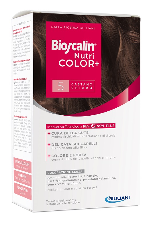 BIOSCALIN NUTRICOLOR PLUS 5 CASTANO CHIARO CREMA COLORANTE 40 ML + RIVELATORE CREMA 60 ML + SHAMPOO 12 ML + TRATTAMENTO FINALE BALSAMO 12 ML - Farmastop