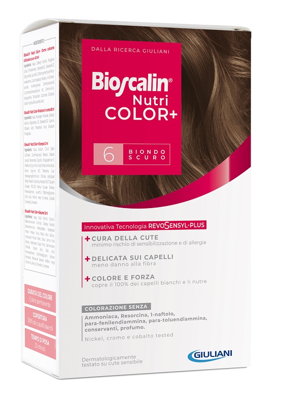 BIOSCALIN NUTRICOLOR PLUS 6 BIONDO SCURO CREMA COLORANTE 40 ML + RIVELATORE CREMA 60 ML + SHAMPOO 12 ML + TRATTAMENTO FINALE BALSAMO 12 ML - Farmastop
