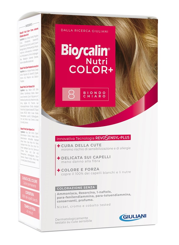 BIOSCALIN NUTRICOLOR PLUS 8 BIONDO CHIARO CREMA COLORANTE 40 ML + RIVELATORE CREMA 60 ML + SHAMPOO 12 ML + TRATTAMENTO FINALE BALSAMO 12 ML - Farmastop