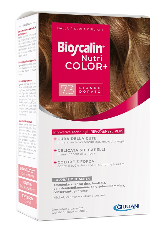 BIOSCALIN NUTRICOLOR PLUS 7,3 BIONDO DORATO CREMA COLORANTE 40 ML + RIVELATORE CREMA 60 ML + SHAMPOO 12 ML + TRATTAMENTO FINALE BALSAMO 12 ML - Farmastop