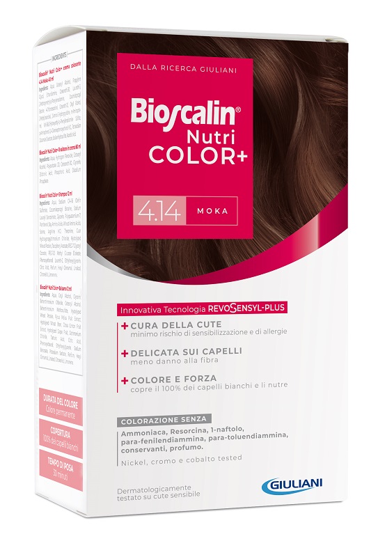 BIOSCALIN NUTRICOLOR PLUS 4,14 MOKA CREMA COLORANTE 40 ML + RIVELATORE CREMA 60 ML + SHAMPOO 12 ML + TRATTAMENTO FINALE BALSAMO 12 ML - Farmastop