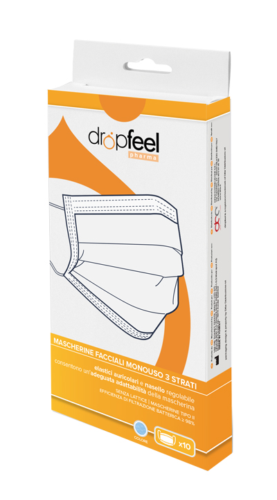 MASCHERINA USO MEDICO DROPFEEL PHARMA MONOUSO TIPO II AZZURRA ASTUCCIO ARANCIONE 10 PEZZI - Farmastop