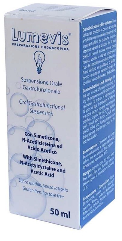 LUMEVIS SOSPENSIONE ORALE MONOUSO A BASE DI SIMETICONE N-ACETILCISTEINA E ACIDO ACETICO DA UTILIZZARE IN PREPARAZIONE DI ESAMI CLINICI AMBITO GASTROSCOPICO 50 ML - Farmastop