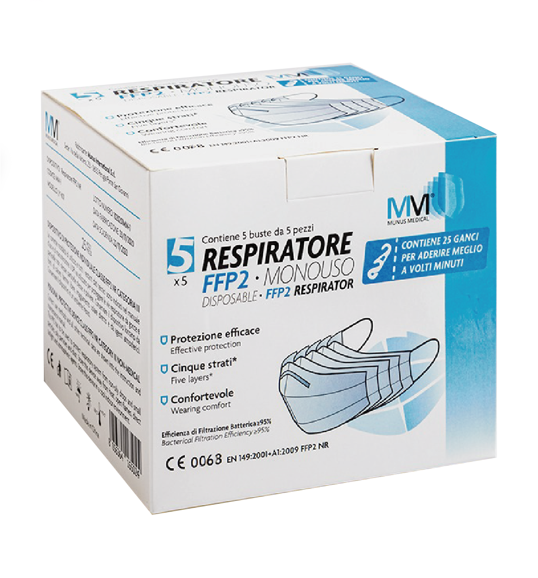 MUNUS MED RESPIRATORE FFP2 CLASSE III + GANCIO ADATTATORE 5 BUSTE DA 5 PEZZI - Farmastop