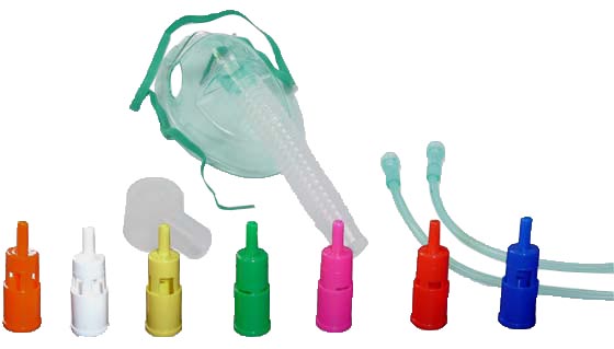 MASCHERA MORBIDA A CONCENTRAZIONE VARIABILE CON SISTEMA VENTURI COMPLETA DI KIT CON 7 RACCORDI COLORATI E TUBO DI COLLEGAMENTO ANTISCHIACCIAMENTO ADULTI - Farmastop