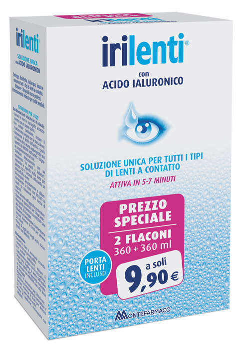 SOLUZIONE UNICA PER LENTI A CONTATTO IRILENTI CON ACIDO IALURONICO 2 FLACONI DA 360 ML + 360 ML - Farmastop