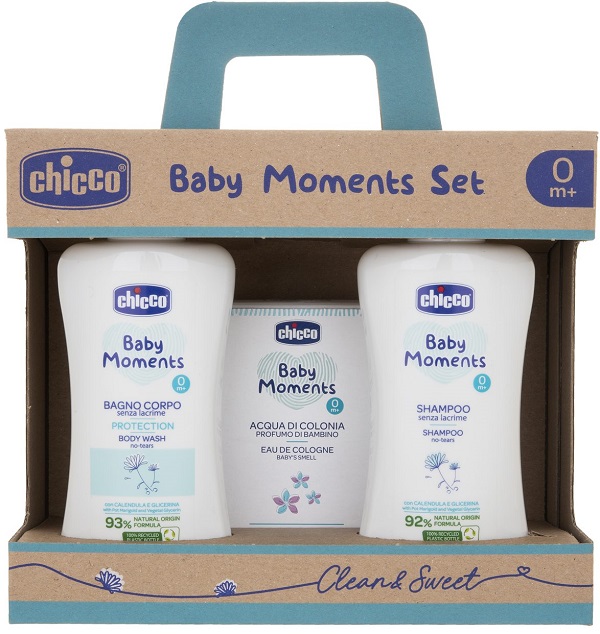 CHICCO BABY MOMENTS SET BAGNOSCHIUMA PELLI DELICATE 200 ML + SHAMPOO PELLI DELICATE 200 ML + ACQUA DI COLONIA BABY SMELL PELLI DELICATE 100 ML - Farmastop