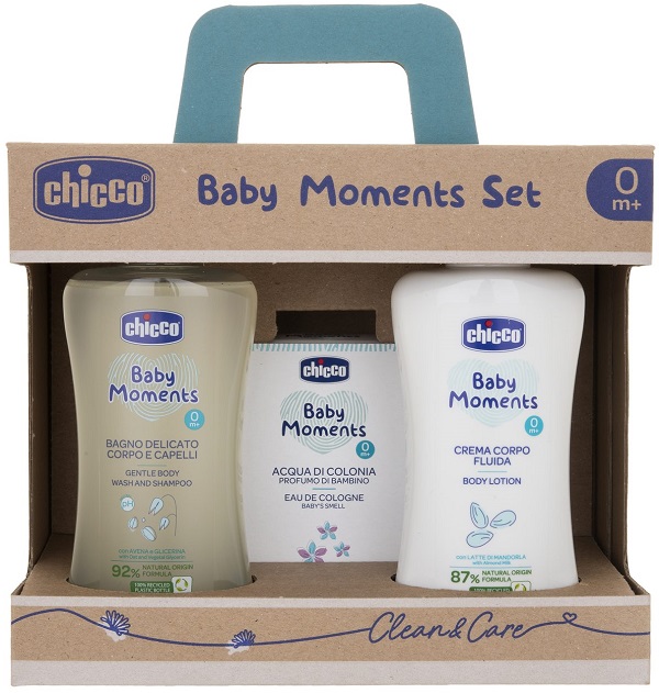 CHICCO BABY MOMENTS SET BAGNO DELICATO CORPO-CAPELLI PELLI DELICATE 200 ML + CREMA CORPO PELLI DELICATE 200 ML + ACQUA DI COLONIA BABY SMELL PELLI DELICATE 100 ML - Farmastop