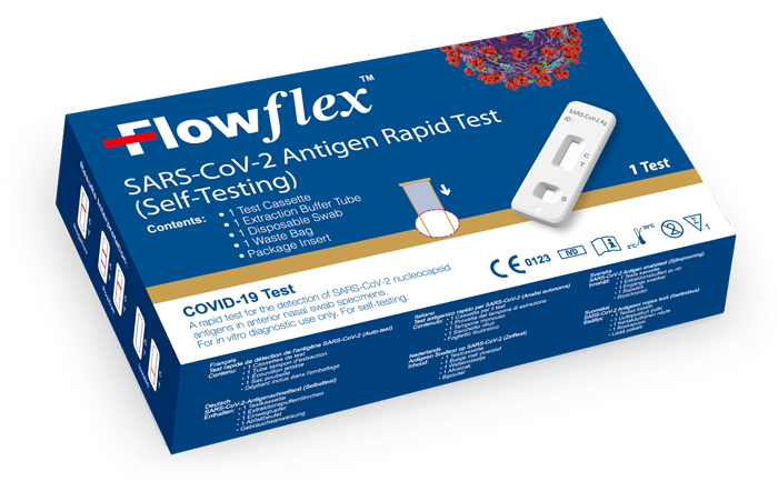 TEST ANTIGENICO RAPIDO COVID-19 FLOWFLEX AUTODIAGNOSTICO DETERMINAZIONE QUALITATIVA ANTIGENI SARS-COV-2 IN TAMPONI NASALI MEDIANTE IMMUNOCROMATOGRAFIA PROVETTA CON ALLUMINIO - Farmastop