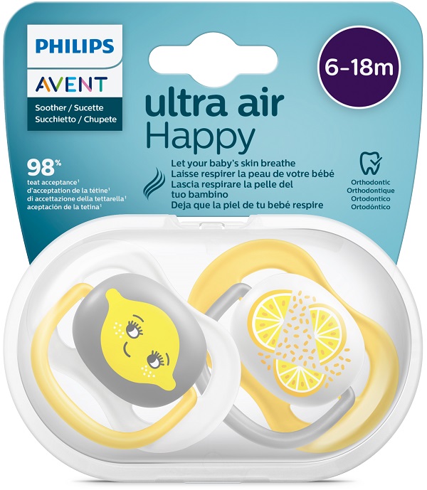 AVENT ULTRA AIR CIUCCIO ORTODONTICO 6-18 MESI NEUTRO/LIMONI 2 PEZZI - Farmastop