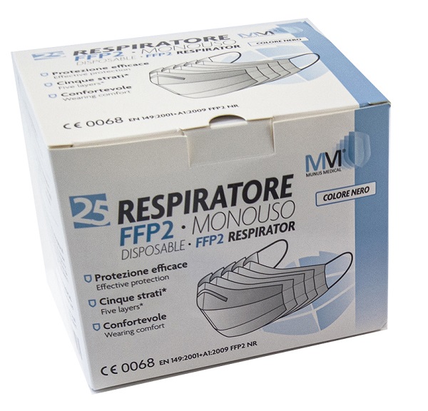 MUNUS MEDICAL RESPIRATORE FFP2 NR CLASSE III NERO 25 PEZZI - Farmastop