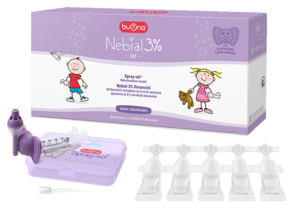 NEBIAL 3% KIT 20 FLACONCINI MONODOSE 5ML SOLUZIONE IPERTONICA CON ACIDO IALURONICO + NEBULIZZATORE SPRAY-SOL - Farmastop