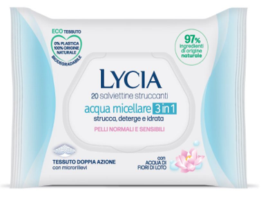LYCIA SALVIETTINE STRUCCANTI ACQUA MICELLARE 3 IN 1 20 PEZZI - Farmastop