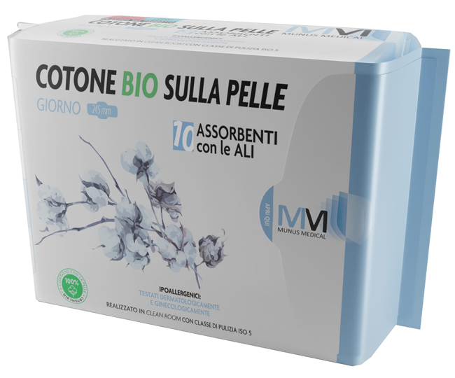 MUNUS MEDICAL ASSORBENTE GIORNO CON ALI COTONE BIO SULLA PELLE 245 MM 10 PEZZI - Farmastop