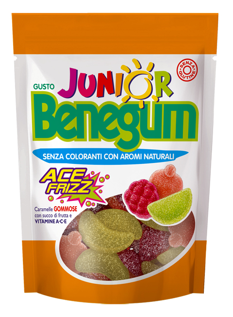 BENEGUM JUNIOR ACE FRIZZ CARAMELLE GOMMOSE CON SUCCO DI FRUTTA E VITAMINE A C E 90 G - Farmastop