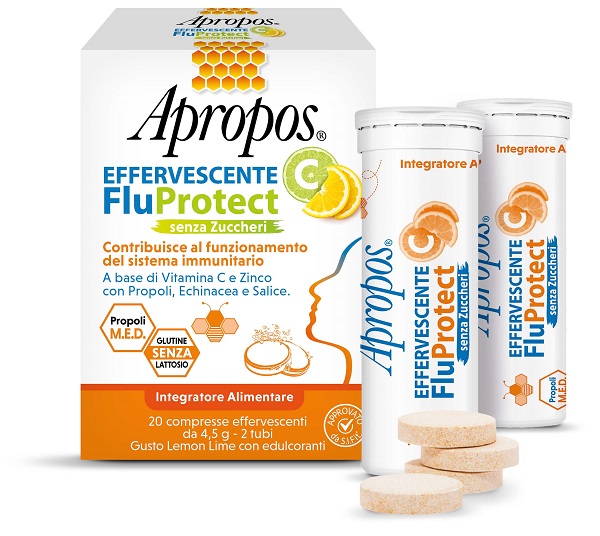 APROPOS EFFERVESCENTE C FLUPROTECT SENZA ZUCCHERI 20 COMPRESSE EFFERVESCENTI - Farmastop