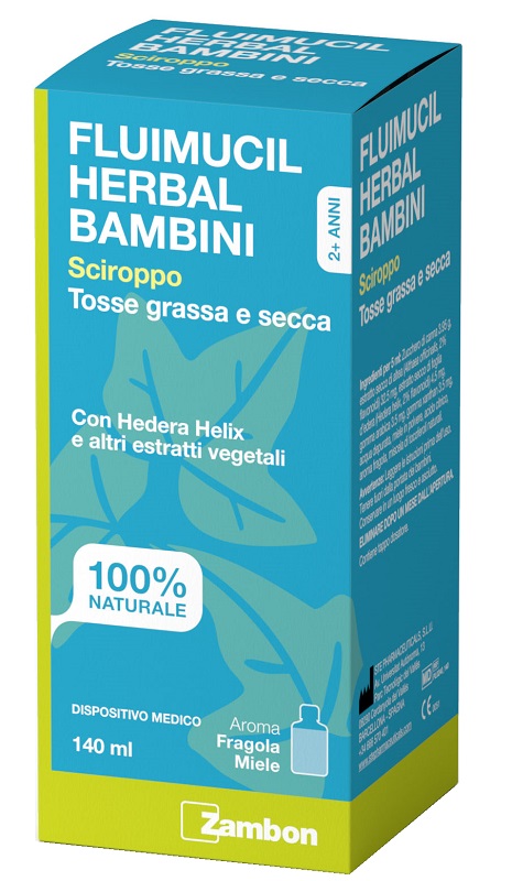 FLUIMUCIL HERBAL BAMBINI SCIROPPO TOSSE GRASSA E SECCA 140 ML AROMA FRAGOLA E MIELE SENZA GLUTINE SENZA LATTOSIO - Farmastop
